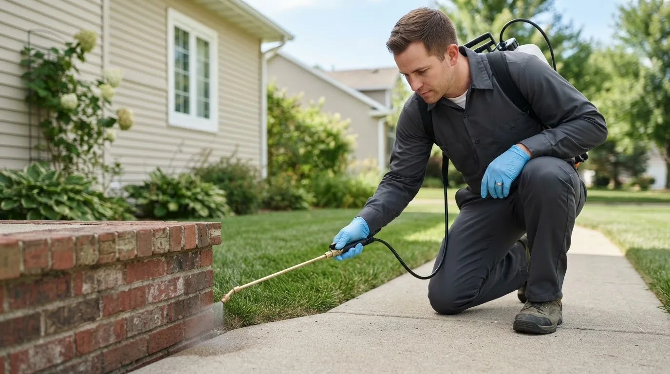 Pest control technician treating a home near South Milford, IN