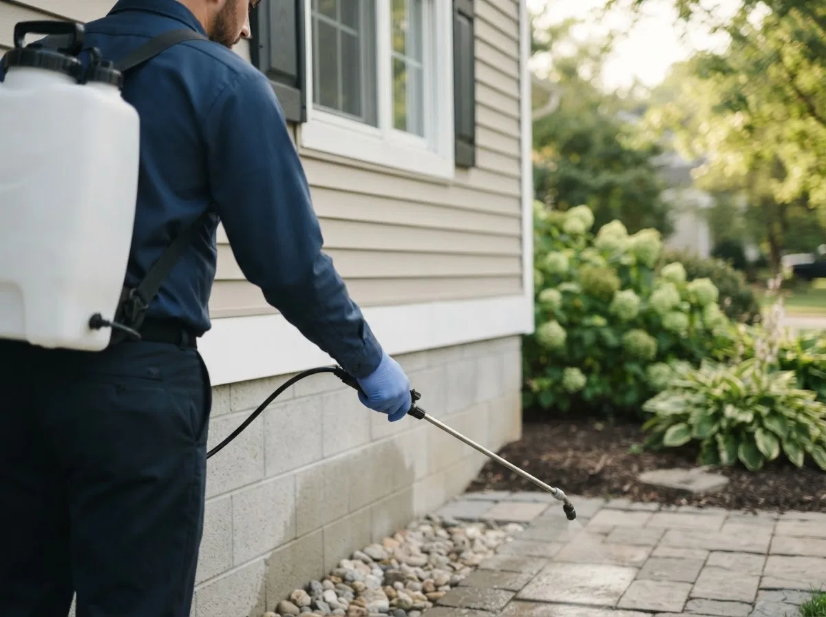 Pest control technician inspecting a home in South Milford, IN